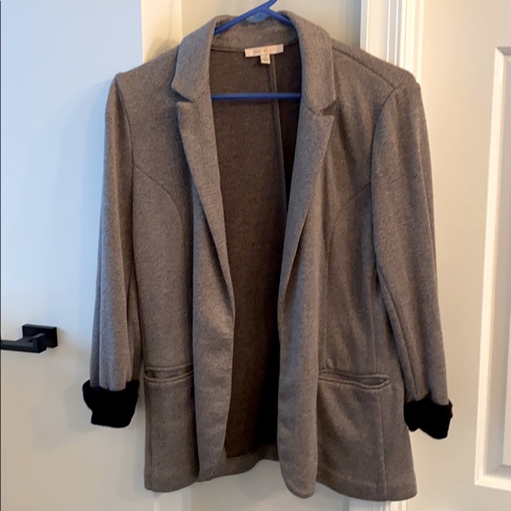 Gray knit blazer with black cuffs